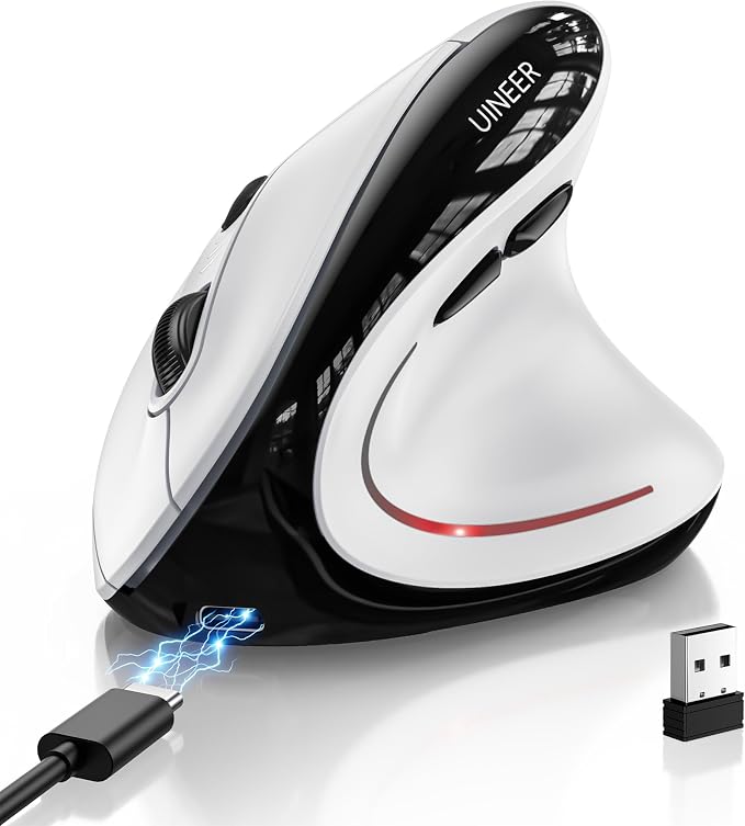 Uineer Ergonomic Wireless Vertical Mouse, 3-Mode Bluetooth 5.0/4.0 & 2.4GHz | Rechargeable, USB-A Receiver, Silent Computer Mouse for Laptop, Mac, iPad and PC, 4 DPI Levels, LED Light, 3-Device Switching