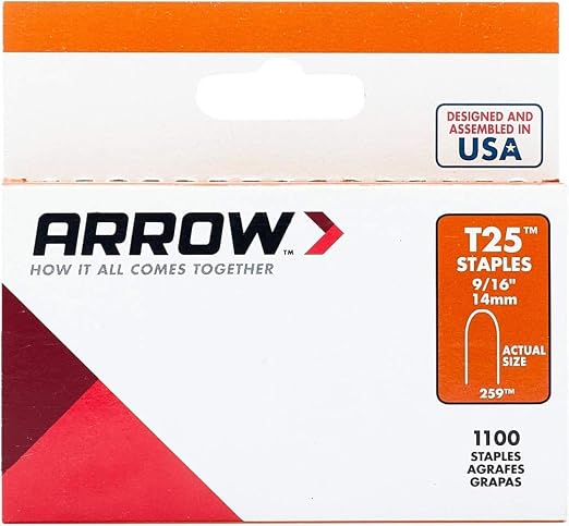 Arrow 259 T25 Staples for Installing Low Voltage Wires & Cables, 1100 Count | 9/16" Leg Length, 5/16" Crown Width, Heavy-Duty Steel, For Holiday Lights, Doorbells & Alarm Systems
