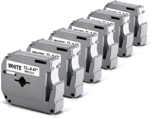 Labelife M-K231 Label Tape Replacement for Brother P Touch M Tape 12mm 0.47 | MK231 M-K231S White Compatible with Brother Ptouch PT-M95 PTM95 PT-45 PT-65 PT-70 PT-80 Label Makers, 6 Pack M231 M-231