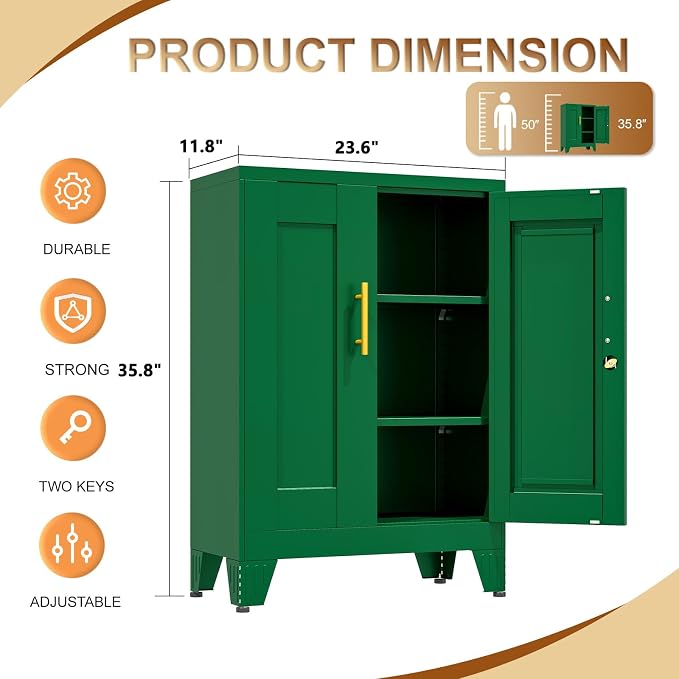 36" Metal File Garage Storage Cabinet with Lock,Lockable Office File Cabinet with 2 Doors and 2 Adjustable Shelves,Outdoor Steel Locker Organizer for Home Office,Gym,School,Warehouse(Green)