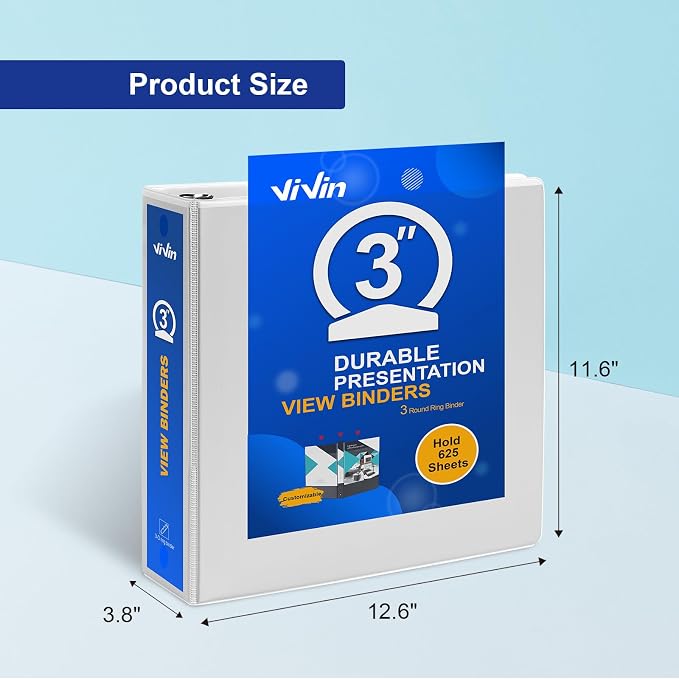 ViVin 3 Ring Binder 3 Inch, 10 Pack, White | Clear View Cover, Large 3" Round Ring for Strength, Holds 600 Sheets of US Letter Size Paper, Office Home School Use