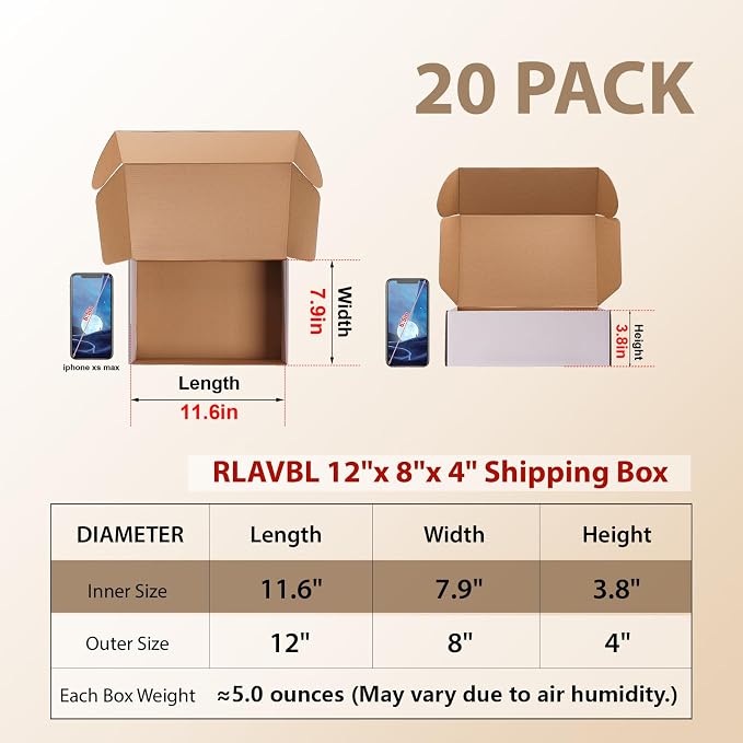 RLAVBL 12x8x4 Inches Shipping Boxes Set of 20, White Small Corrugated Cardboard Box, Mailer Boxes for Packing Small Business