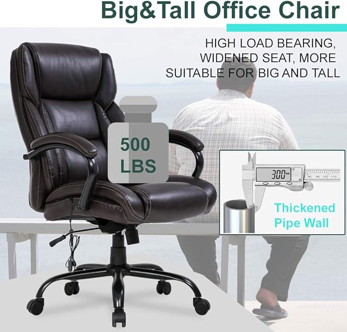 Big and Tall Office Chair 500lb Wide Seat Massage Desk Chair Ergonomic Computer Chair with Headrest Lumbar Support Armrest Rolling Swivel Chair Adjustable PU Leather Task Chair for Adults Women(Brown)