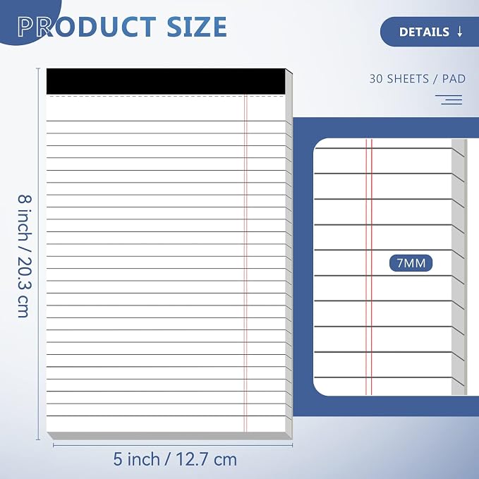Nichela 5" x 8" Note Pads 6 Pack of Legal Pads 30 Sheets Notepad College Ruled Small Writing Pads Perforated Pages Paper Pads 80GSM Heavyweight Paper Note Pads for Home, Office, or School