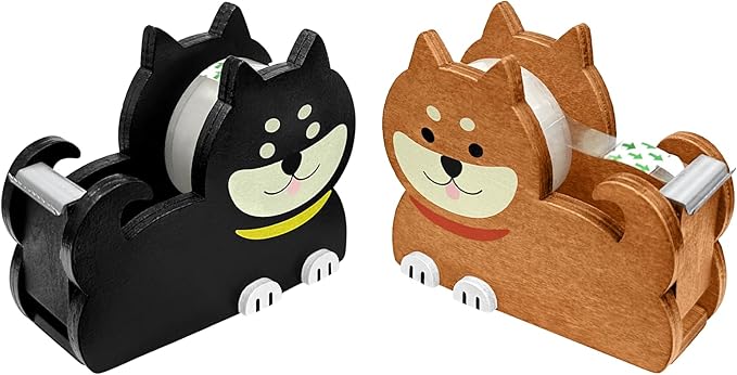 Wooden Tape Dispenser Desk - Cute Adorable Animal Design for Desk Organizing, 2-Pack Set Office & School Supplies (Black and Brown) (Dog)
