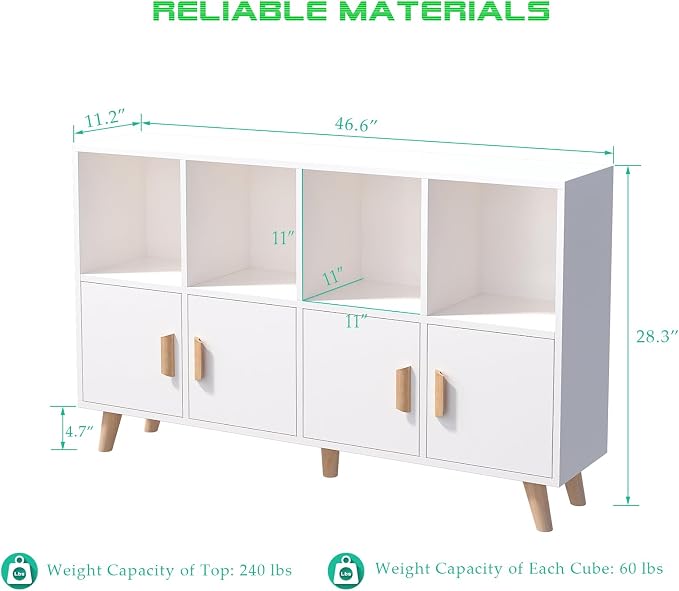 8-Cube Bookcase with Doors, 2-Tier Low Storage Cabient, Warm White | Solid Wood Legs and Door Handles, Cubby Shelf with 4 Doors, Fits 11×11" Bins for Home & Office
