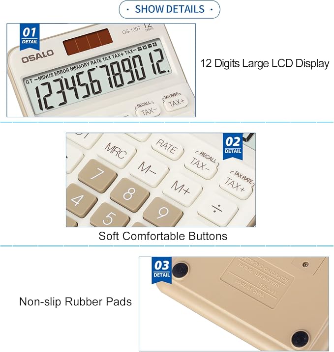 Pendancy Desk Calculator Large Display, 12-Digit, Big Buttons, Tax Keys | Desk Calculator Large Display with Tax Function for Office, 5-Inch LCD, Solar & Battery, GT/MU, Visible Operation Symbols