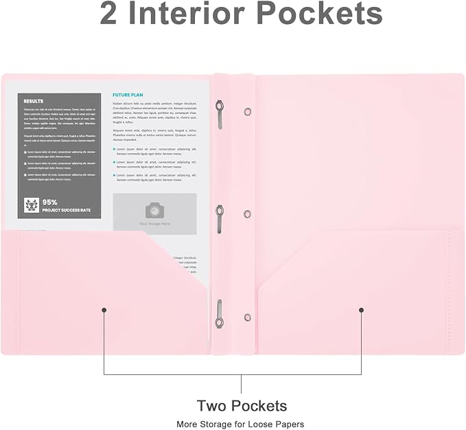 Two-Pocket-Folders with 3 Prongs, Letter Size Plastic Folders with Pockets and Prongs, Poly Plastic Folders for Office & School. 6 Pastel Colors (Pink - 6 Packs)