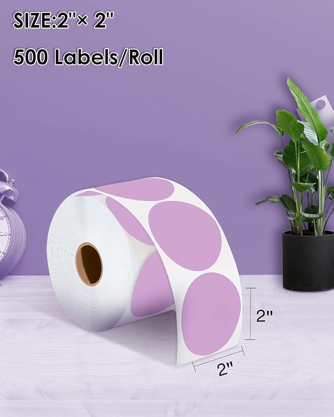 2 Inch (50.8mm x 50.8mm) Round Thermal Sticker Labels, Self-Adhesive Circle Direct Thermal Label, Multi-Purpose Roll Sticker for DIY Logo Design, QR Code, Name Tag, Roll of 500 Labels, Purple