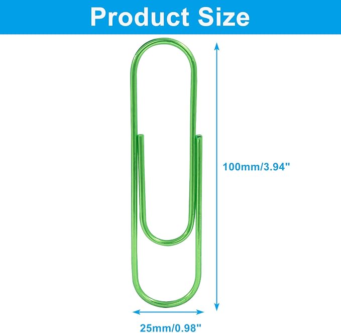 4 Inch Jumbo Paper Clips, Green, 15Pcs | Coated Large Reusable Big Paperclips for Office, School, Home Document Organizing