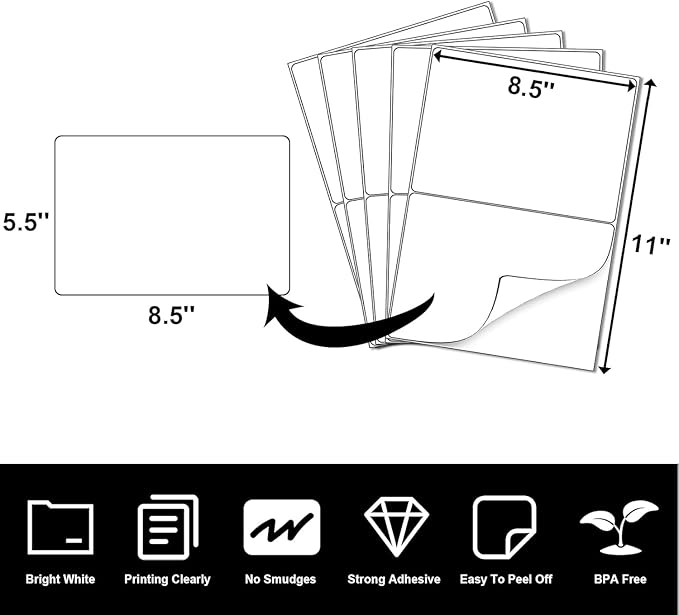 LabelMore 8.5'' x 5.5'' Half Sheet Self Adhesive Shipping Labels for Laser & Inkjet Printers - Rounded Corner - Shipping Labels 2 Per Sheet (20000 Labels)
