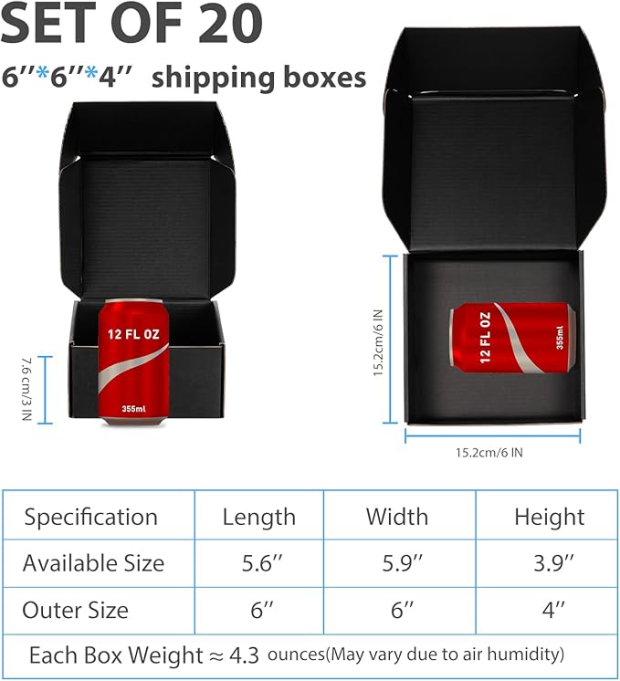 Small Shipping Boxes 6x6x4 Inches – Black Corrugated Cardboard Boxes (20-Pack) for Mailing, Packing, Small Business & Gift Packaging - Recyclable & Sturdy