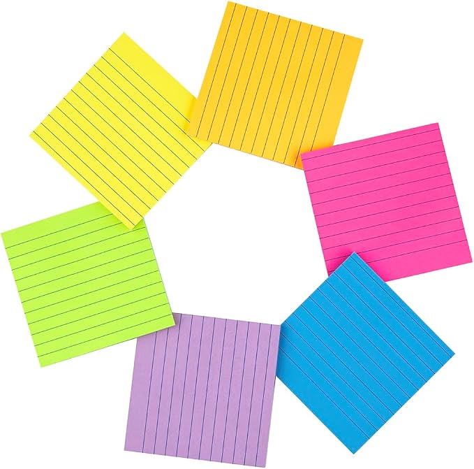 (6 Pads) Lined Sticky Notes 4x4 in, 6 Bright Colors Self-Stick Note Pads | Strong Adhesive, 47 Sheets/Pad