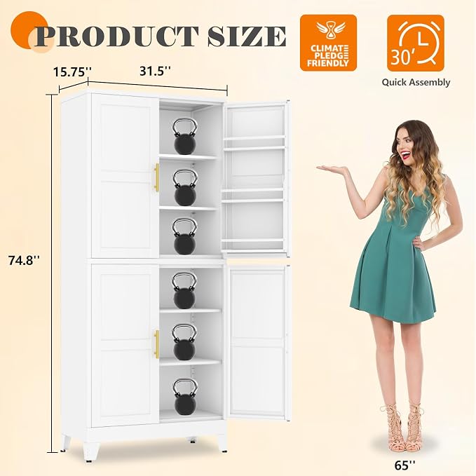 GAIOUS 74.8" Tall Metal Food Cabinet, White Kitchen Pantry Cabinet | Storage Cabinets with 4 Door and 4 Adjustable Shelves, Steel Freestanding Cupboard for Kitchen Dining Living Room Bathroom