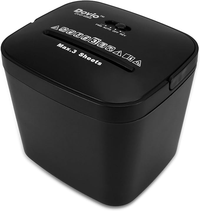 OVO-408S 4x28mm Cross Cut Mini Paper Shredder for Home Office, Auto Start/Stop, 3-Sheet Capacity, Quiet <65dB with 4L Bin & Motor Reverse