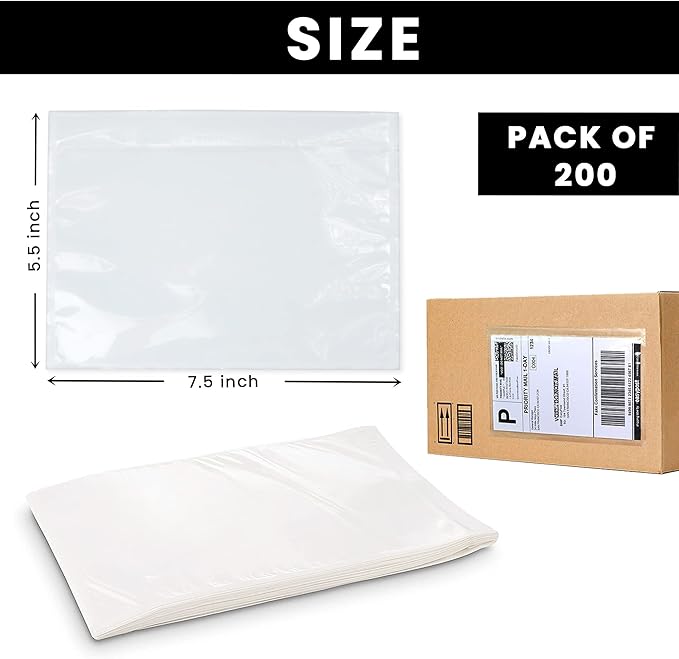 Shipping Label Sleeves 200Pcs, 7.5x5.5 Inches - Packing Slip Envelope Pouches with Self-Adhesive Peel & Seal - Clear Plastic & Waterproof Envelopes Ideal for Invoices & Packaging