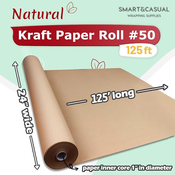 SMART&CASUAL 24" x 1,500" (125') Brown Kraft Craft Paper Roll for Gift Wrapping Bulletin Board Bouquet Flower Kids Art Packing Parcel Table Covering 70GSM 50LB (Brown, 24" x 125')