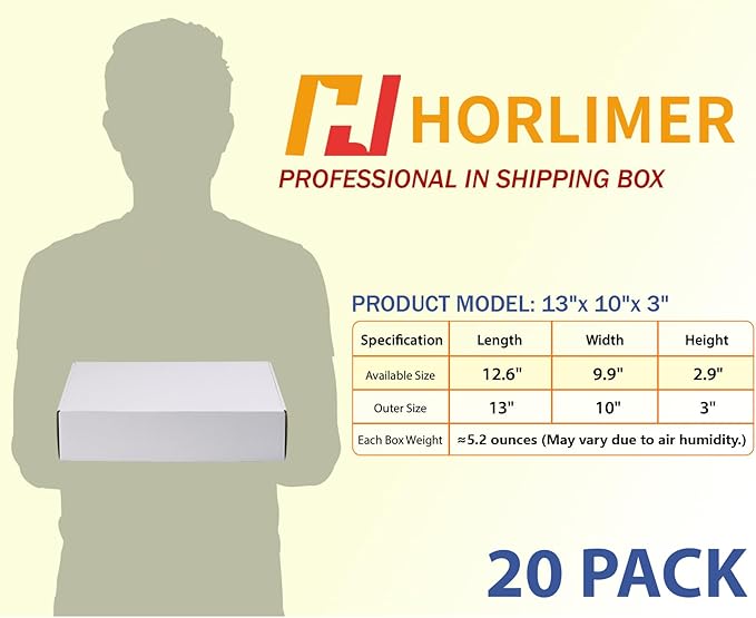 HORLIMER 13x10x3 Shipping Boxes Set of 20, White Corrugated Cardboard Mailer Box for Packing Small Business