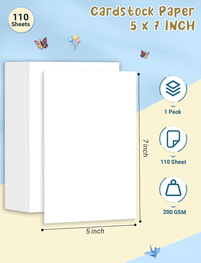 White Cardstock 5x7, 110 Sheets 5x7 Cardstock Paper, 200 GSM Premium Cardstock 5 x 7, Blank White Card Stock Paper for Printer, DIY Cards, Greeting Cards, Wedding Invitation, Postcards