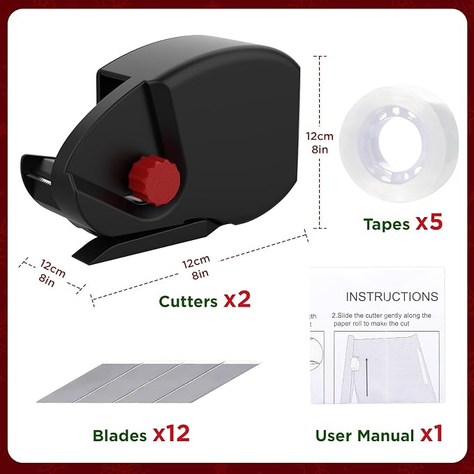 2-Pack Wrapping Paper Cutter and Tape Dispenser with 5 Tapes & 12 Blades - Fast & Safe Straight Line Cutting Tool for Gift Wrapping, Fits All Wrapping Paper Rolls (Black+Red)