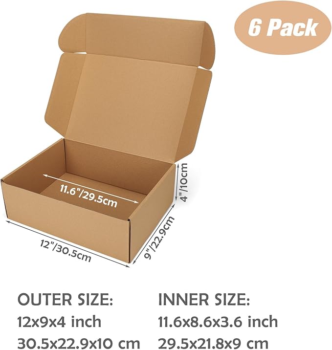12x9x4 Shipping Boxes Set of 6, Medium Cardboard Boxes for Packaging, Brown Mailing for Small Business