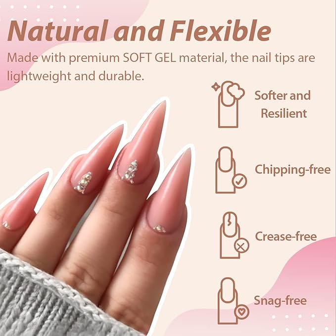 UNA GELLA Long Stiletto Nail Tips 504PCS, Full Cover Pre-Etched Long Stiletto Almond Clear Fake Nails Tips, Sturdy Acrylic Press on Nails, No C Curve Soft Gel Tip for DIY Nail Extension kit 12 Sizes