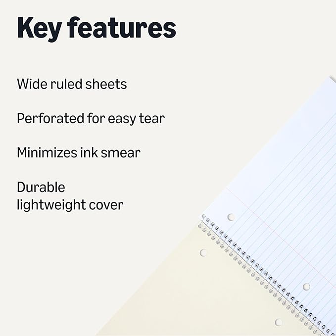 Amazon Basics Wide Ruled Spiral Notebook, For Work and School, 70 Sheets, 8" x 10.5", Black, 2 pack