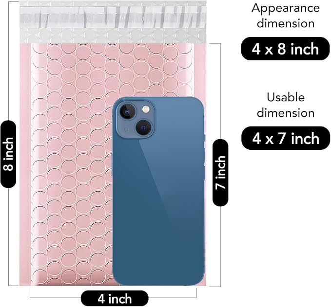 Fuxury Bubble Mailers 4x8" Light Pink 200 Pack Padded Envelopes Usable 4x7" | Thick Mailing Envelopes Bubble Opaque Padded Mailers Shipping Bags for Mailing Jewelry Makeup Trading Card Small Business#000