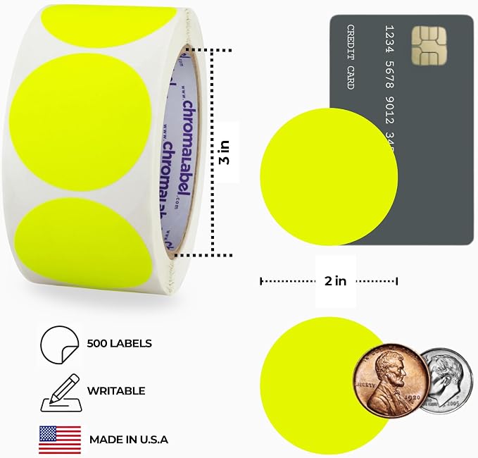 Fluorescent Yellow Dot Stickers, 2 Inch, 500/Roll | Writable Matte Circle Labels for Warehouse Inventory and Home Organization. Made in USA