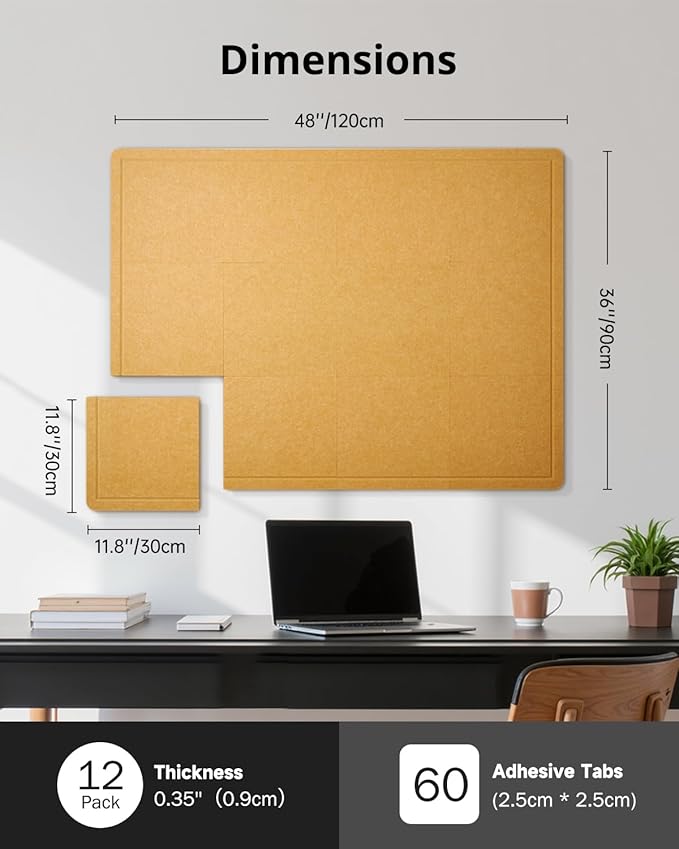Bulletin Board, 36 x 24 inches Cork Board Alternative, 6 Pack Felt Pin Boards for Walls Home Office Decor, Classroom with 30 Adhesive Tabs Longan Yellow
