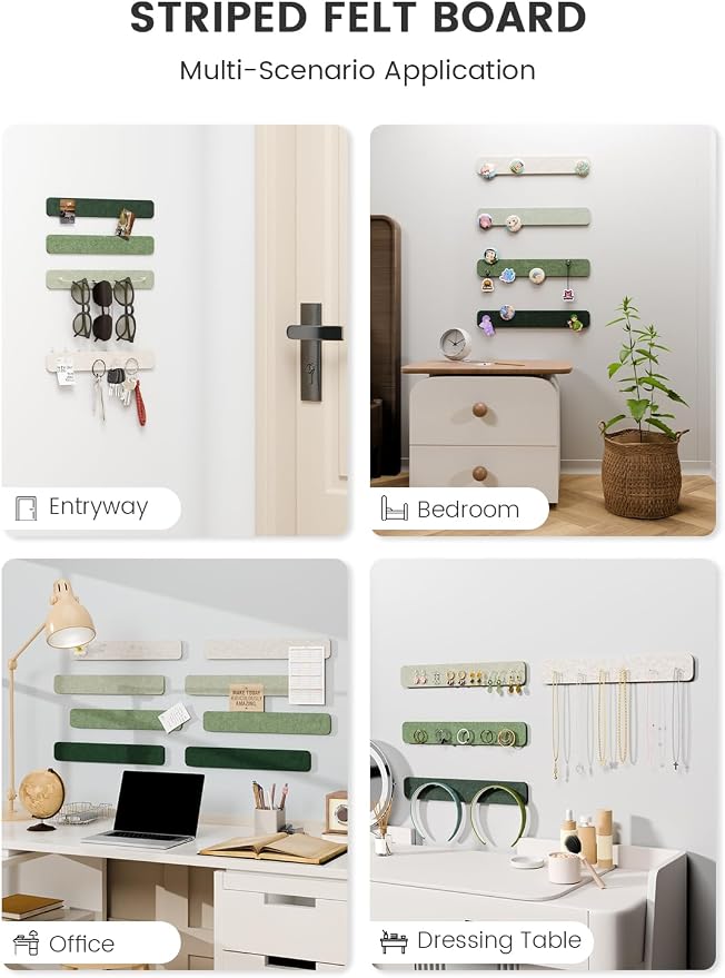 Fluxynara 13" x 2" Felt Wall Panels, Sagewood | 8-Pack Includes 50 Push Pins and Adhesive Tabs for Photos, Notes and Decor in Bedroom Doors, Home Office or Studios