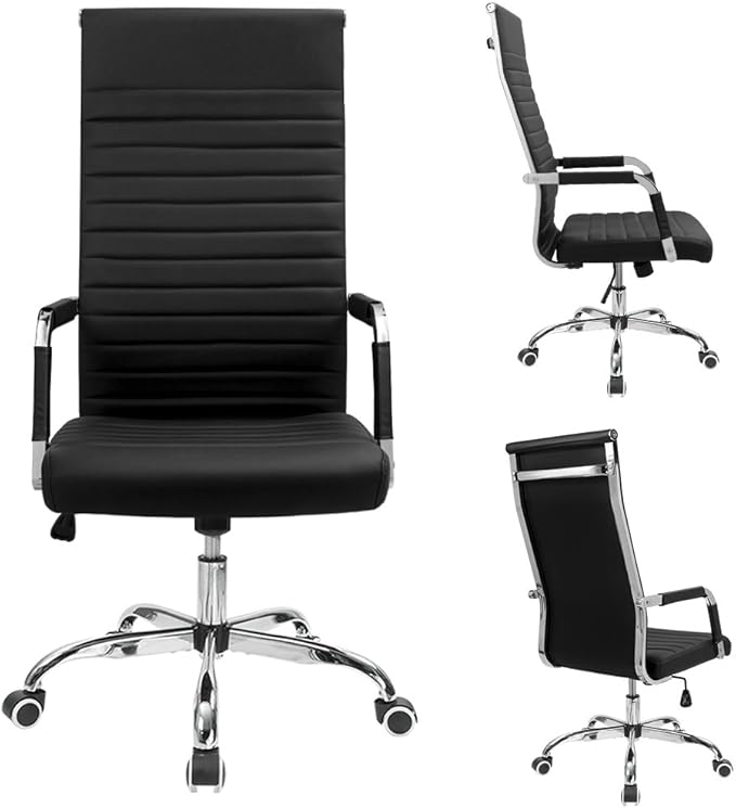 Furmax Ribbed Office Chair High Back PU Leather Executive Conference Chair Adjustable Swivel Chair with Arms, Black