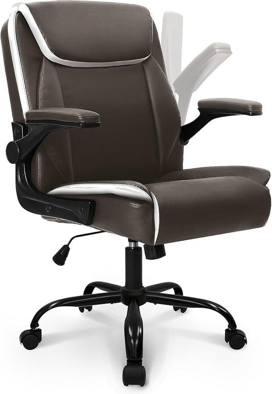 NEO CHAIR Office Desk Computer Chair Ergonomic Executive Mid-Back Leather Gaming Chair with Adjustable Flip-Up Armrests Wheels Swivel for Home Study Task (Brown)