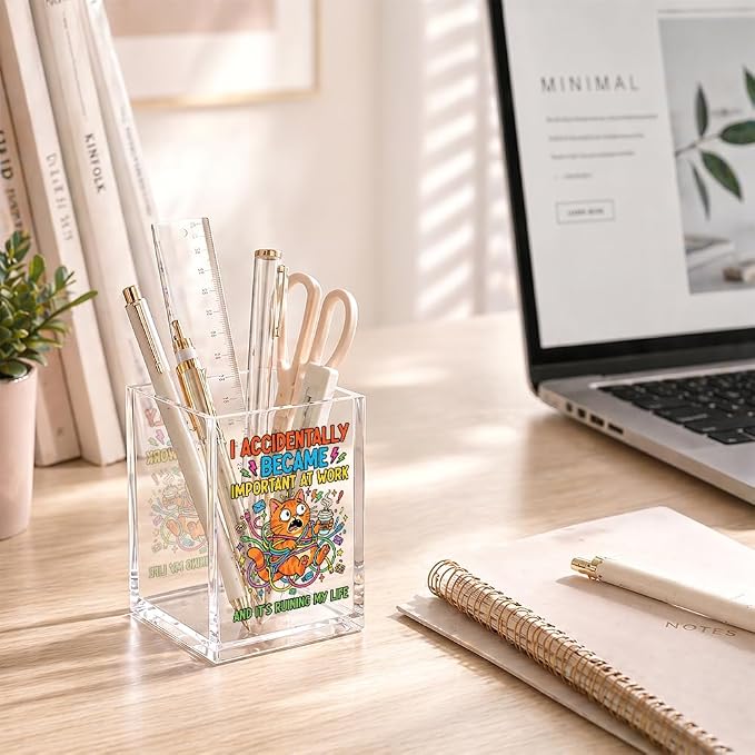 I Accidentally Became Important Acrylic Pencil Holder for Coworker | Funny Cat Pen Holder Cup for Women Men Employees, Boss Gifts for Office Desk , Sarcastic Work Gifts, Novelty New Job Present