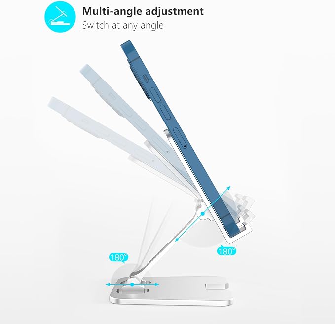Amzpas Adjustable Cell Phone Stand Metal, Foldable Desktop Cellphone Stand with Anti-Slip Base and Convenient Charging Port, for Phone 17 16 15 14 13 12 11 Pro Xs Xs Max Xr X 8, All Phones