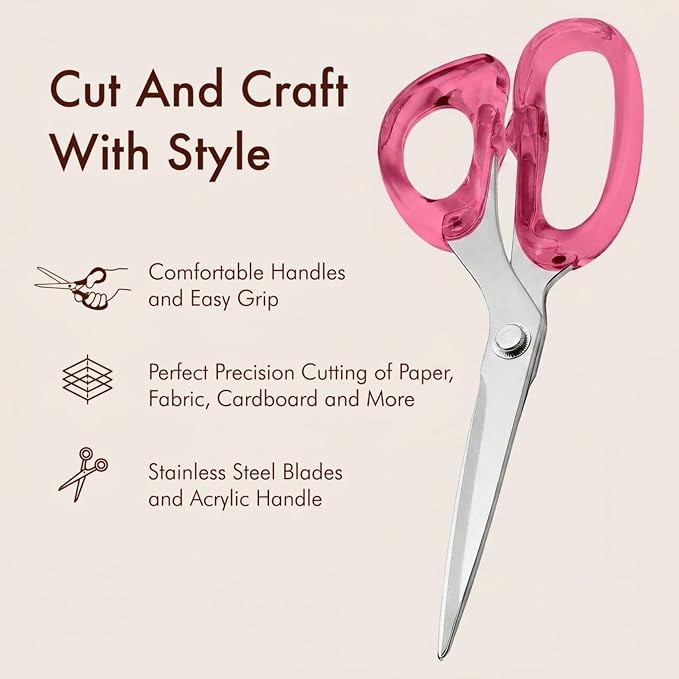 9” Stainless Steel Acrylic Scissors, Pink with Silver Metal | Aesthetic and sharp all purpose scissors, Perfect for sewing, arts, and crafts, Stationery tools for office, and school