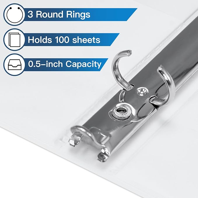 SUIN Bulk 12 Pack 0.5-inch 3 Ring Binders -Durable 1/2'' Binders with Roung Ring Binder, Large 100 Sheet Capacity, Fit 8.5" x 11" US Letter Size Paper, White (0.5'' White - 12 Packs)