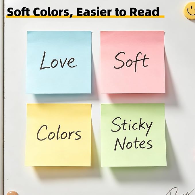 HappyHapi 28 Pack 2800 Sheets Sticky Notes 3x3 Inch100 Sheets/Pad, 4 Soft Colors (Yellow, Green, Pink, Blue) Light Colored Self-Stick Pads, Bulk Office Supplies for Work, School & Home