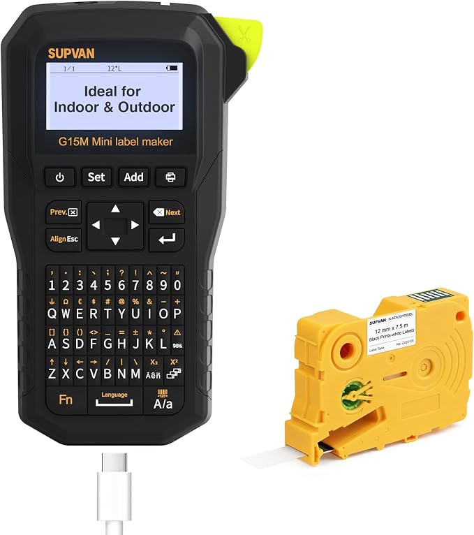 SUPVAN G15M Mini Portable Label Maker | Heat Shrink Tube & Multiple Label Types, Rechargeable, Minimal Margin, LCD Backlit, Thermal Transfer, Home, Garage, Outdoor
