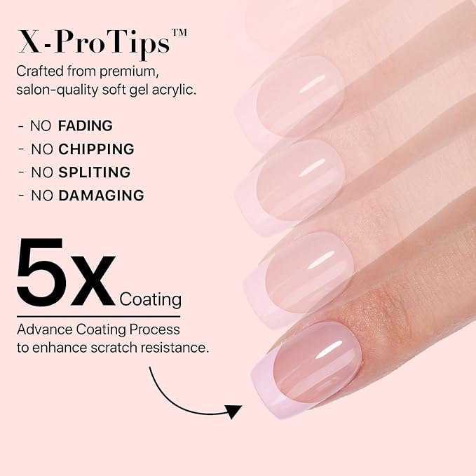 SXC Cosmetics French Tip Press On Nails 150 Pieces in 15 Sizes Ultra Fit with Pre-applied Tip Primer and Base Coat, No Need to File Fake Nails for Nail Art DIY X-Pro Tips (ST113-XS Square)