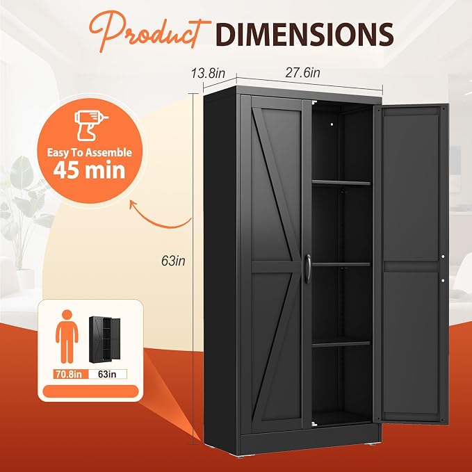 PAOFIN 63" Black Metal Storage Pantry Cabinet | Tall Kitchen Pantry Storage Cabinets with 2 Doors and 3 Shelves, Large Cupboard for Home,Kitchen,Dining/Living Room