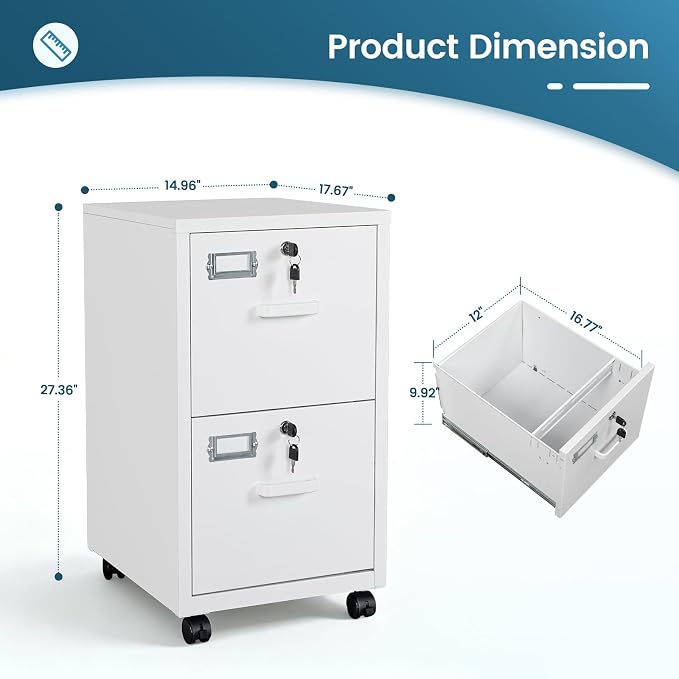 MIIIKO 2 Drawer File Cabinet with Lock, Metal Vertical Filing Cabinets for Home Office, Lockable File Storage Cabinets Under Desk, A4/Letter File Folders Storage-Assembly Required
