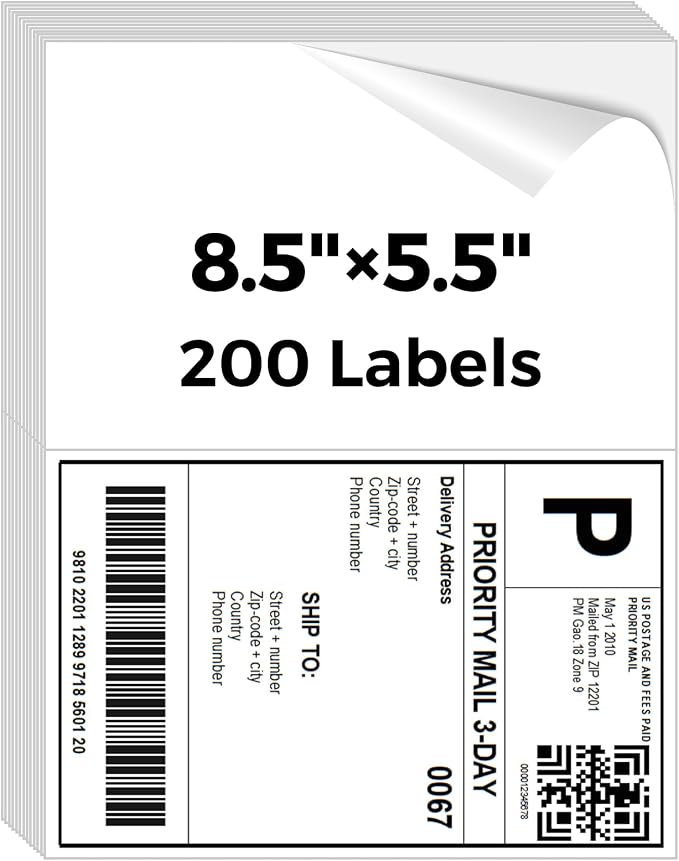 100 Sheets 8.5" x 5.5" Half-Sheet Shipping Labels for Packages | 200 Pcs Printable White Matte Address Mailing Labels for Laser/Inkjet Printer (2 Labels per Sheet)