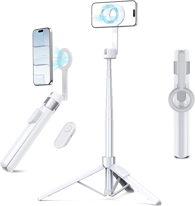 Magnetic Tripod for iPhone, Selfie Stick Tripod Mount Ring for Magsafe, 360° Rotatable Portable Travel Tripod Cell Phone Stand with Metal Ring & Remote, Compatible with iPhone Android, 60"