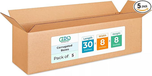 Long Shipping & Moving Boxes 30 x 8 x 8 inches (5-Pack) - Extra Strength 200 lb vs Regular - USA-Made Corrugated Packing Boxes for Moving - Packaging & Shipping Box for USPS, FedEx by IDL Packaging