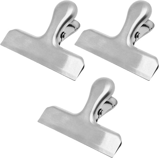 3Pcs Silver Chip Clips 3 Inch Wide Stainless Steel Notebook T Clip Heavy-Duty Food Bag Clips Metal Hinge Clip File Clamps for Home Kitchen & Office