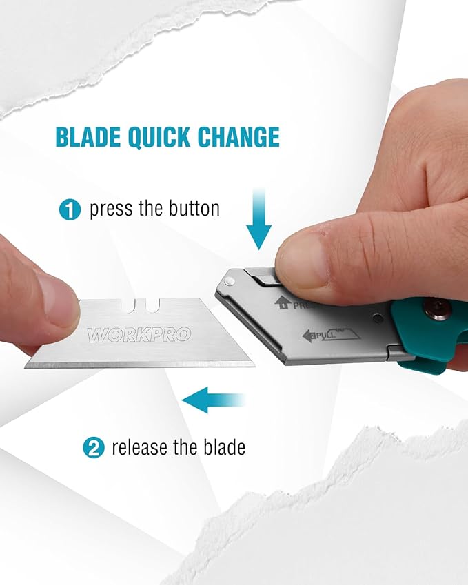 WORKPRO Box Cutter, Utility Knife Quick Change Blade Razor Knife, Folding Pocket Knife with Belt Clip and Axis Lock, 10 Extra Blades Included, Blue