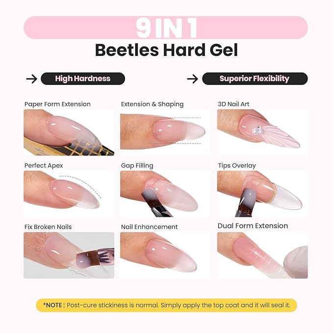 Beetles Hard Gel for Nails Kit,3 Colors Clear Nude Glitter Sculpted Gel, Nail Extension,Sculpting,with Long Square Half Cover Nail Tips for Salon Pros Women,Nude Pink&Clear Builder Gels,UV&LED Cured
