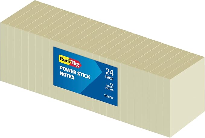 Redi-Tag Sticky Notes, Power Stick Notes, 3" x 3" Recycleable Adhesive Notes, Strong Adhesive Memos, Yellow, 24 Pack, 100 Sheets per Pad (1014128)