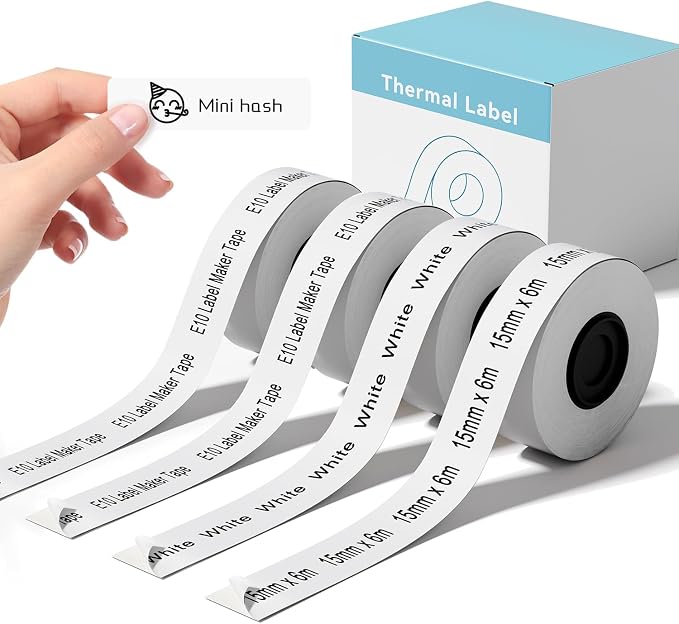 Compatible with SUPVAN E10 & E11 Bluetooth Label Maker Tape,Black on White | 4 Rolls 0.59in × 19.7ft (15mm × 6m),Continuous Laminated Thermal Label Tape Refill, Standard Laminated Office Replacement